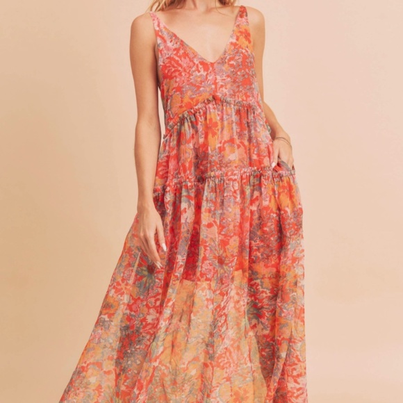 ❤️ AEMI AND CO “ Crimson” AEMI & CO. Floral Tiered Maxi Dress with Pockets BR52 - Picture 2 of 9